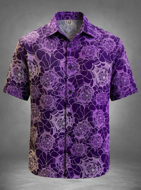 Moisture-Wicking Halloween Spider Web Chest Pocket Holiday Hawaiian Shirt