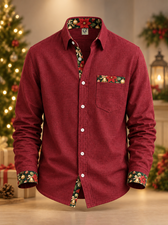 Linen-Texture Solid-Color Panel  Christmas Botanical Print Chest Pocket Casual Long-Sleeve  Shirt