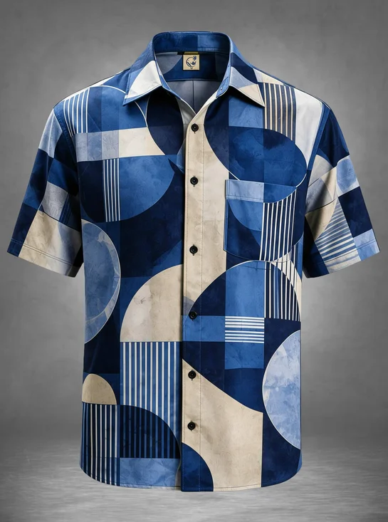 Moisture-Wicking Bauhaus Geometric Half Circle Vertical Striped Vintage Chest Pocket Casual Hawaiian Shirt