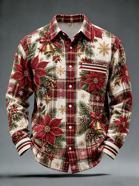 Moisture-Wicking Christmas-Themed Plaid & Botanical Chest Pocket Casual Long-Sleeve Shirt