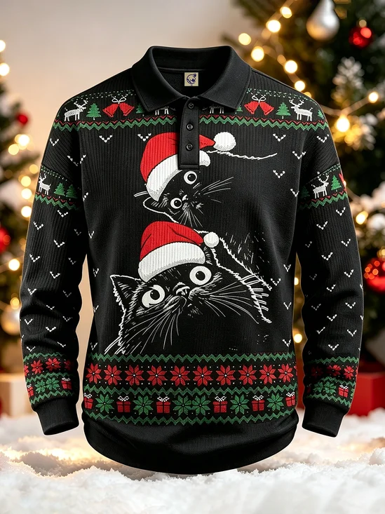 Moisture-Wicking Christmas Santa Hat Black Cat Snowflake Reindeer Geometric  Long Sleeve Hawaiian Golf Polo