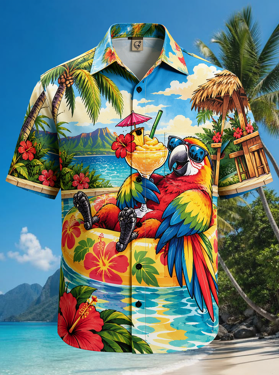 Moisture-Wicking Hawaiian Tropical Parrot Cocktail Hibiscus Beach Chest Pocket Hawaiian Shirt