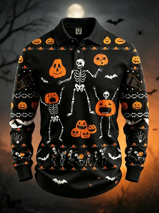 Moisture-Wicking Halloween Skull & Pumpkin Long-Sleeve Hawaiian Golf Polo