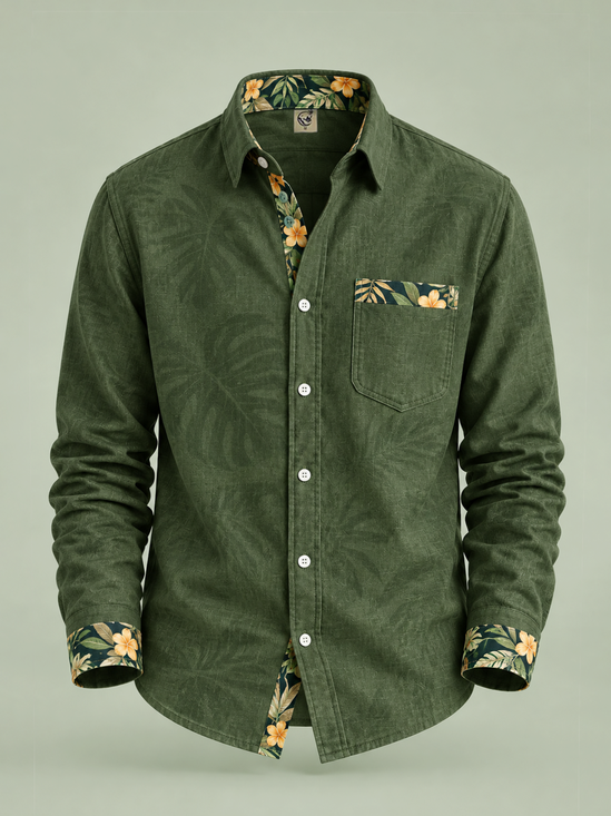 Linen-Texture Solid-Color Panel  Tropical Leaf  Chest Pocket Casual Long Sleeve Shirt