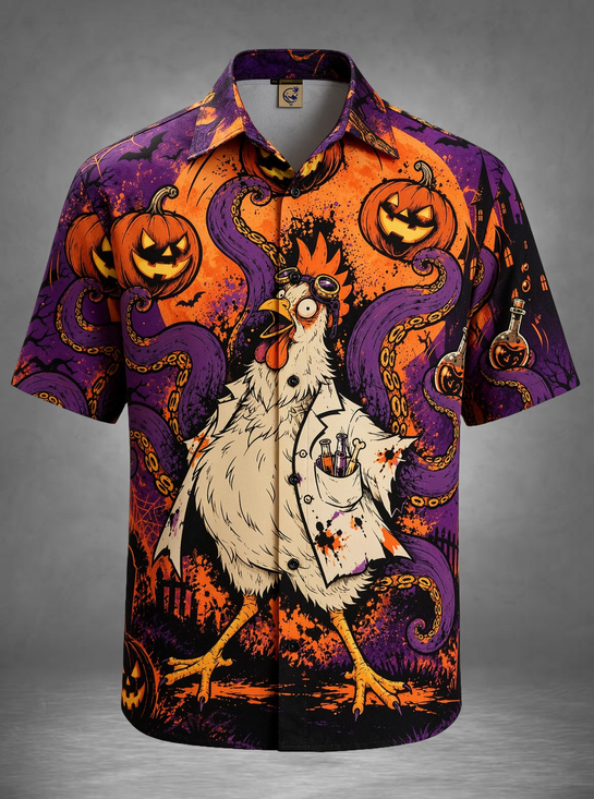 Moisture-Wicking Halloween Cartoon Mad Scientist Chicken Octopus Tentacle Pumpkin Chest Pocket Holiday Hawaiian Shirt