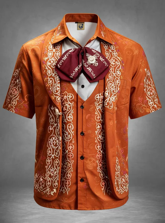 Moisture-Wicking Day of the Dead Vintage Baroque Faux Vest Bow Tie Floral Chest Pocket Holiday Hawaiian Shirt