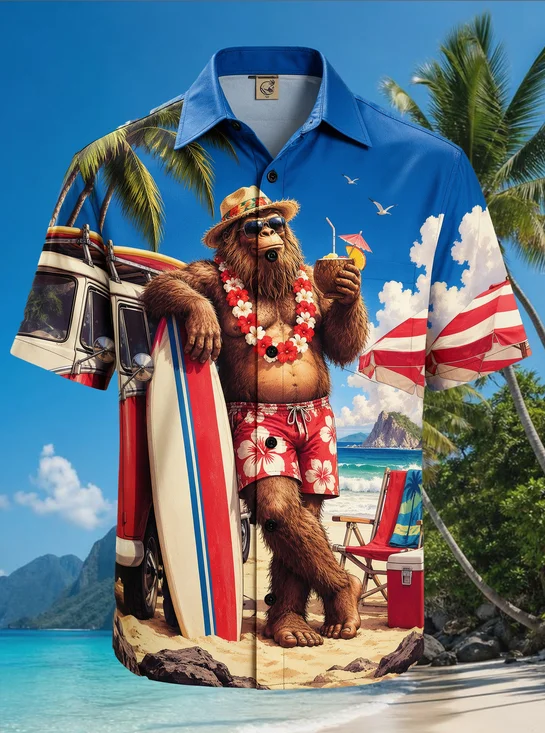 Moisture-Wicking Tropical Beach Bigfoot Coconut Cocktail Surfboard Vintage Van Chest Pocket Hawaiian Shirt
