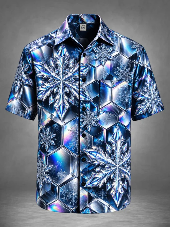 Moisture-Wicking Art Honeycomb Snowflake Laser 3D Chest Pocket Casual Hawaiian Shirt