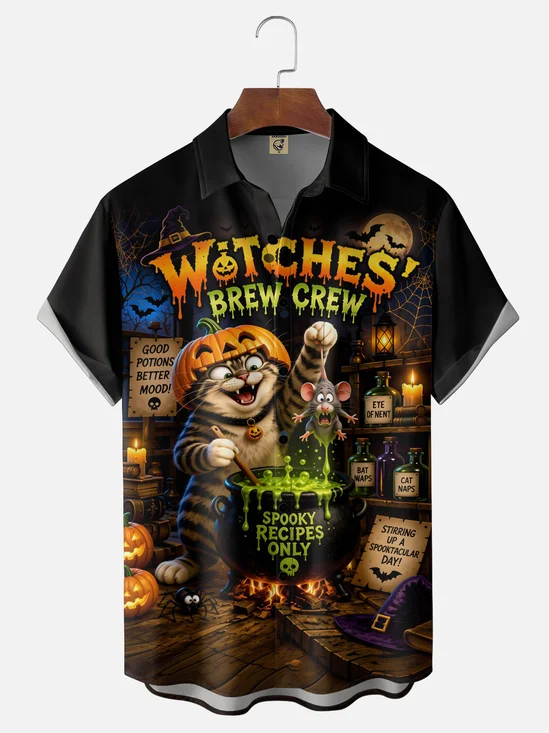 Moisture-Wicking Halloween Cat In Witch Hat Mouse Pumpkin Spiderweb  Chest Pocket Hawaiian Shirt