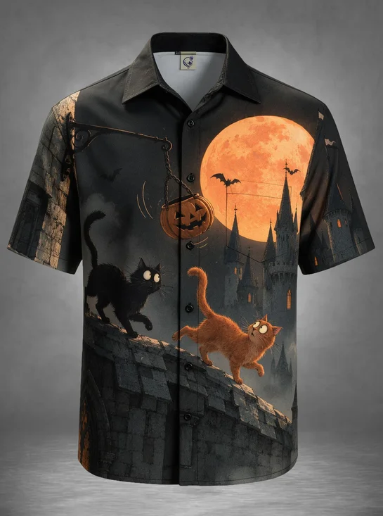 Moisture-Wicking Halloween Funny Cartoon Cat Gothic Castle Moon Pumpkin Chest Pocket Holiday Hawaiian Shirt