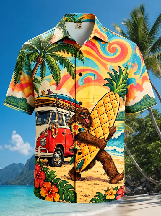 Moisture-Wicking Funny Bigfoot Pineapple Surfboard Red Vintage Van Beach Hibiscus Chest Pocket Hawaiian Shirt