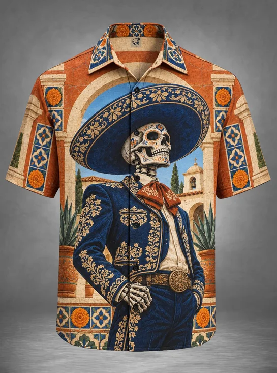 Moisture-Wicking Day of the Dead Blue Charro Mariachi Skull Mexican Tile Colonial Architecture Chest Pocket Holiday Hawaiian Shirt