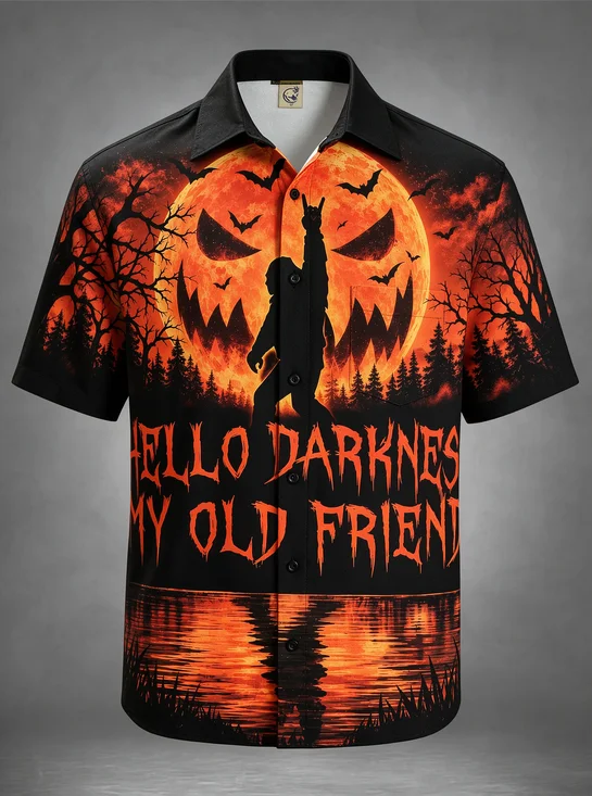 Moisture-Wicking Halloween Dark Gothic Style Pumpkin Moon Silhouette Bigfood bat Chest Pocket Holiday Hawaiian Shirt