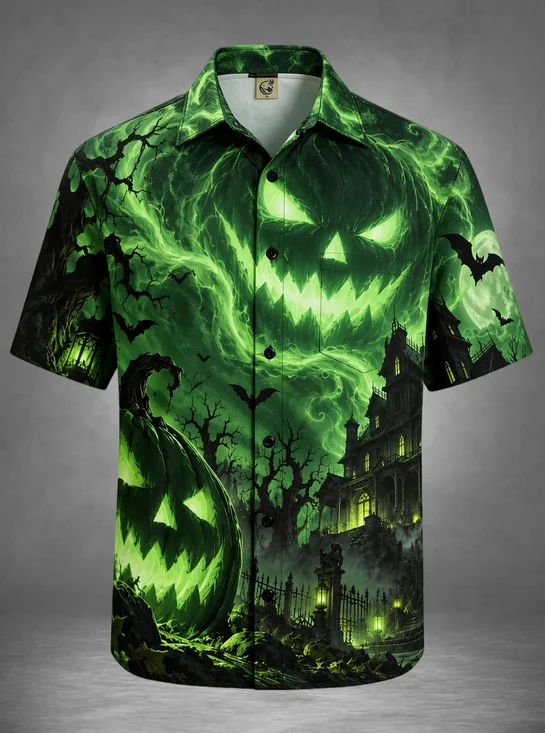 Moisture-Wicking Halloween Pumpkin Haunted House Bat Chest Pocket Holiday Hawaiian Shirt