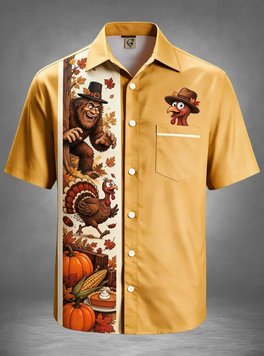 Moisture-Wicking Thanksgiving Bigfoot Turkey Pumpkin Pie Corn Maple Leaves  Chest Pocket Holiday Hawaiian Shirt