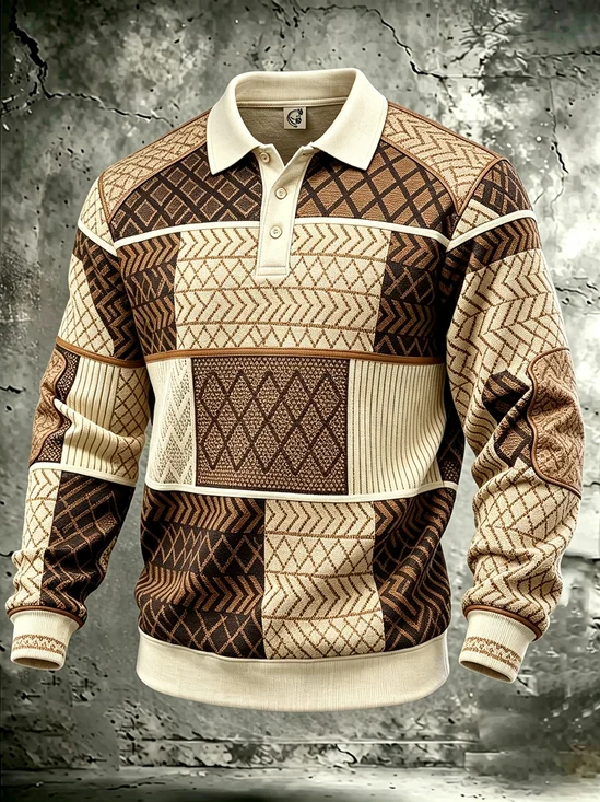 Moisture-Wicking Gradient 3D Abstract Geometric Color-Block Long-Sleeve Hawaiian Golf Polo