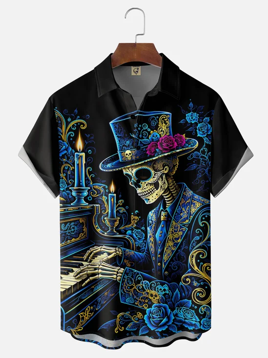 Moisture-Wicking Day of the Dead Blue Rose & Piano-Playing Skeleton Chest Pocket Hawaiian Shirt