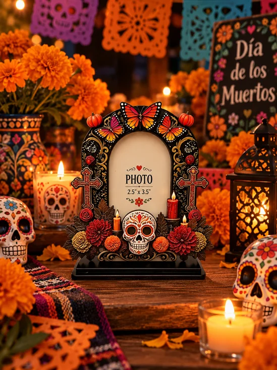 Día de los Muertos Floral Sugar Skull Memorial Photo Frame