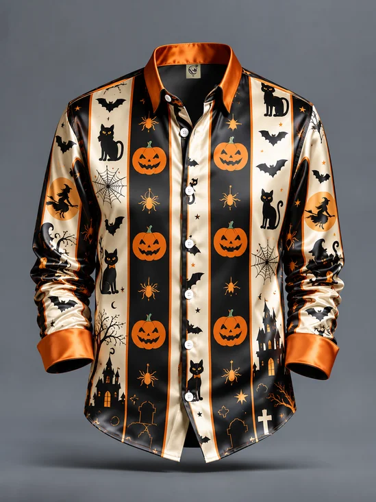 Breathable Silk Satin Halloween-Themed Stripes Spiders Ghosts Bats Black Cats Casual Long-Sleeve Shirt