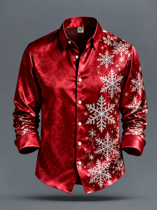 Breathable Silk Satin  Merry Christmas Snowflake Print Casual Long-Sleeve Shirt