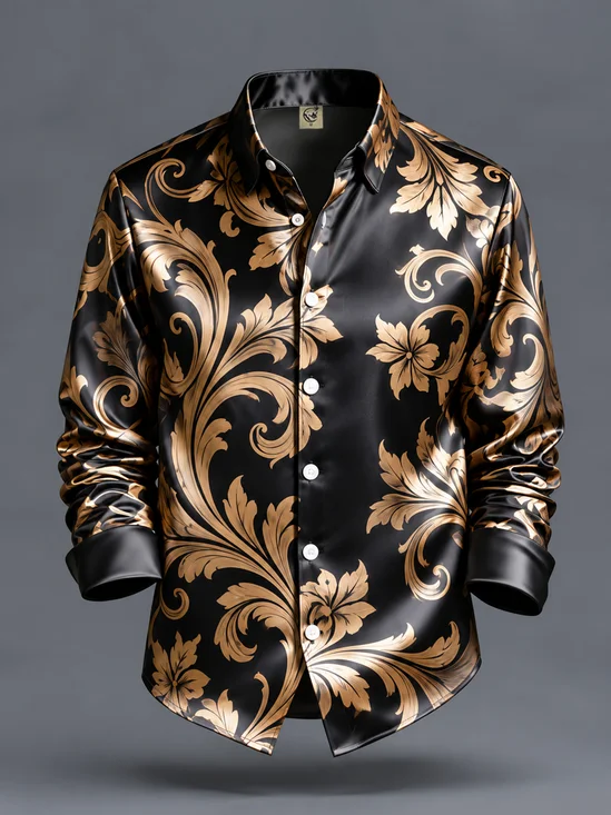 Breathable Silk Satin  Vintage Botanical Leaf & Floral Print Casual Long-Sleeve Shirt