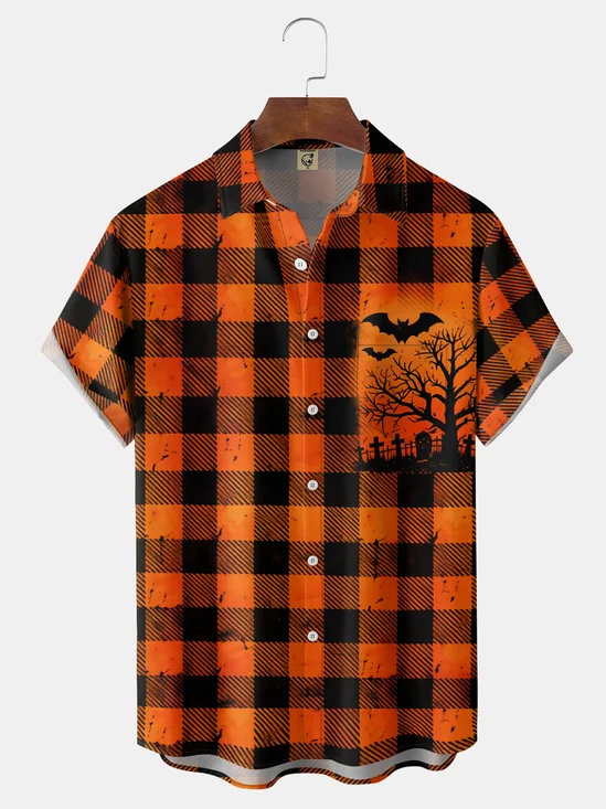 Moisture-Wicking Halloween Plaid Bat Chest-Pocket Hawaiian Shirt