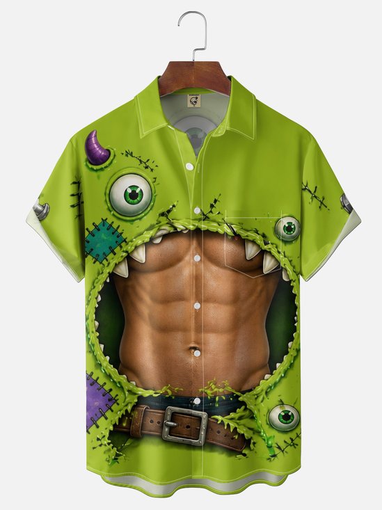 Moisture-Wicking Halloween Monster Muscle Costume  Chest Pocket Hawaiian Shirt