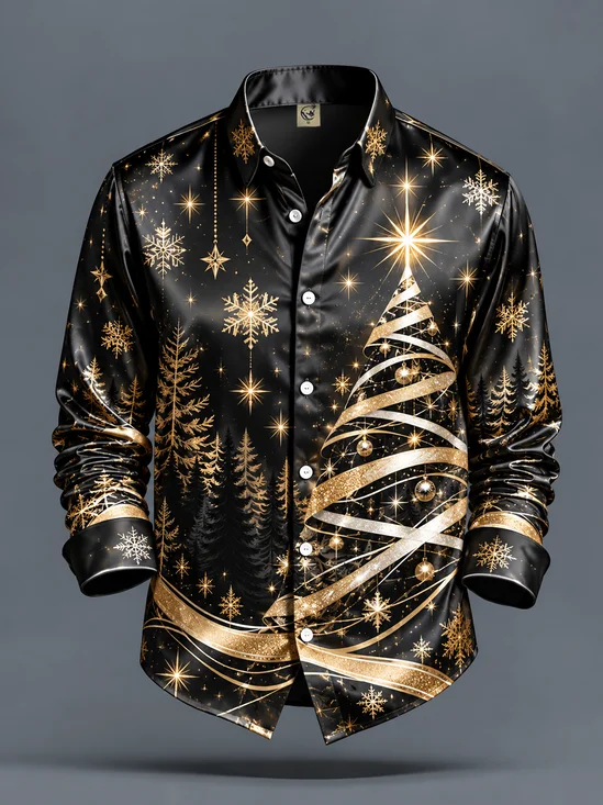 Breathable Silk Satin  Merry Christmas Christmas Tree & Snowflake Print Casual Long-Sleeve Shirt