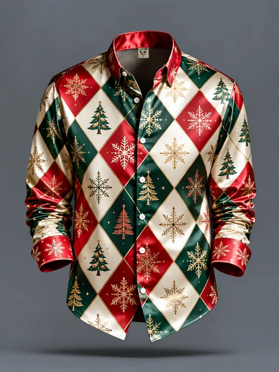 Breathable Silk Satin  Merry Christmas Plaid Christmas Tree  Snowflake Print Casual Long-Sleeve Shirt