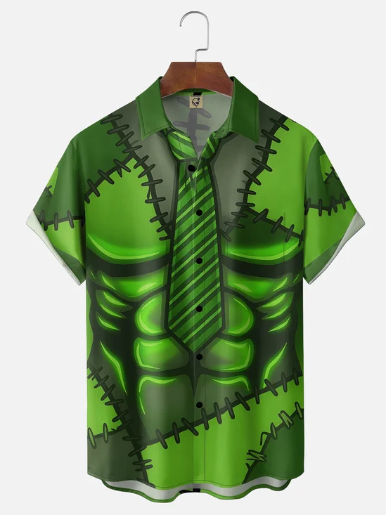 Moisture-Wicking Gradient Halloween Zombie Muscle Costume  Chest Pocket Hawaiian Shirt