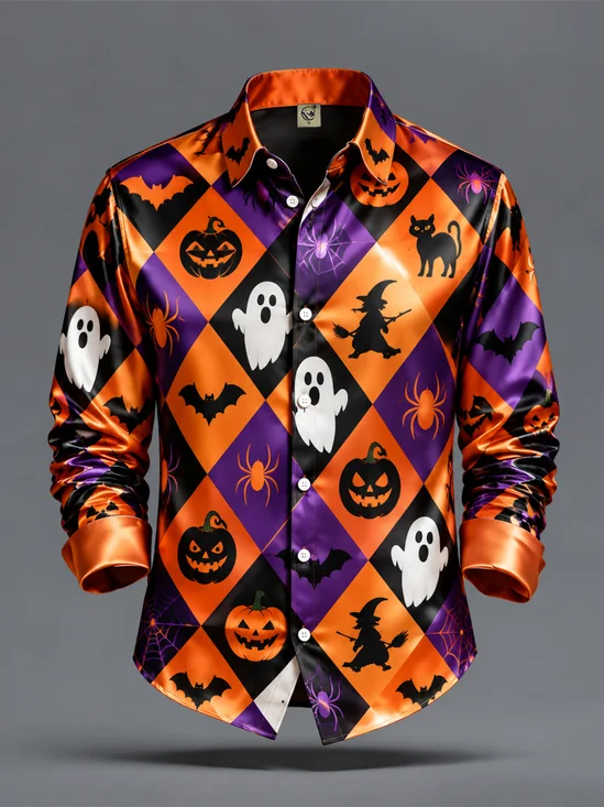 Breathable Silk Satin  Halloween Pumpkin Bat Ghost Wizard Print Casual Long-Sleeve Shirt
