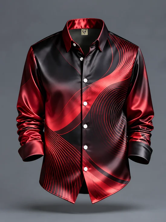Breathable Silk Satin Abstract Geometric Gradient Lines  Casual Long-Sleeve Shirt