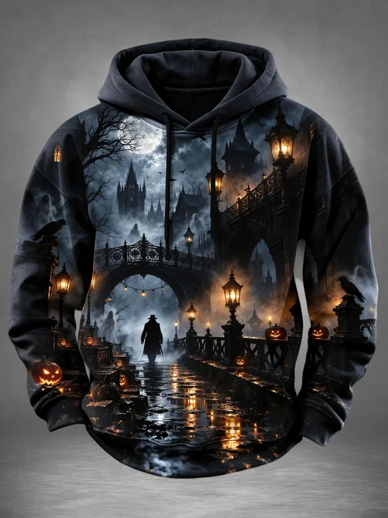 Halloween Gothic Foggy Bridge Manor Ghost Pumpkin Crow Full Moon Dark Kangaroo-Pocket Hoodie Sweatshirt