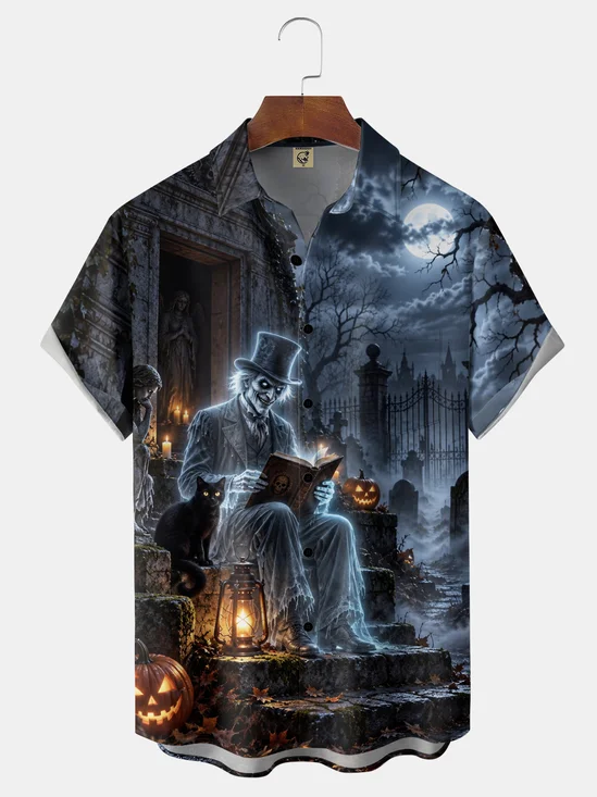 Moisture-Wicking Halloween Ghost Gentleman Top Hat Book Cat Pumpkin Graveyard Moon Lantern Candle Chest Pocket Holiday Hawaiian Shirt