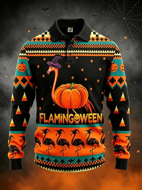 Moisture-Wicking Gradient Halloween Print Flamingos In Witch Hats & Pumpkins Long-Sleeve Hawaiian Golf Polo