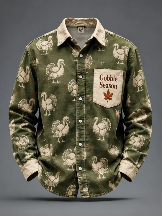 Moisture-Wicking Thanksgiving Maple Leaf and Airplane Chest Pocket Casual Long-Sleeve Shirt