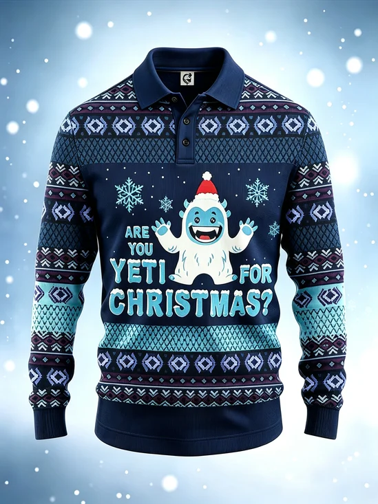 Moisture-Wicking Gradient Christmas Featuring Snow Monsters Snowflakes Geometric Patterns Long Sleeve Golf Polo