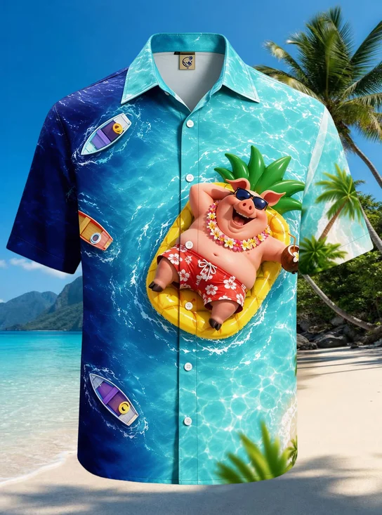 Moisture-Wicking Tropical Beach Cartoon Pig Sunglasses Pineapple Float Flower Lei Ocean Palm Tree Chest Pocket Hawaiian Shirt