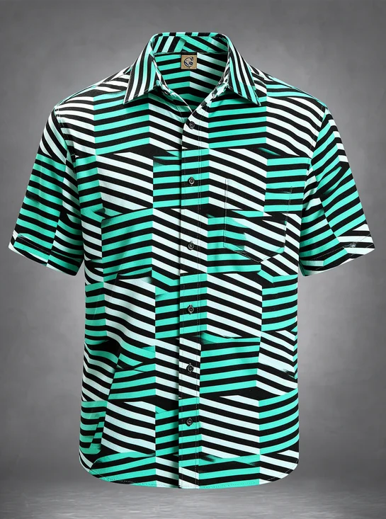 Moisture-Wicking Art Optical Illusion Striped Geometric Chest Pocket Casual Hawaiian Shirt