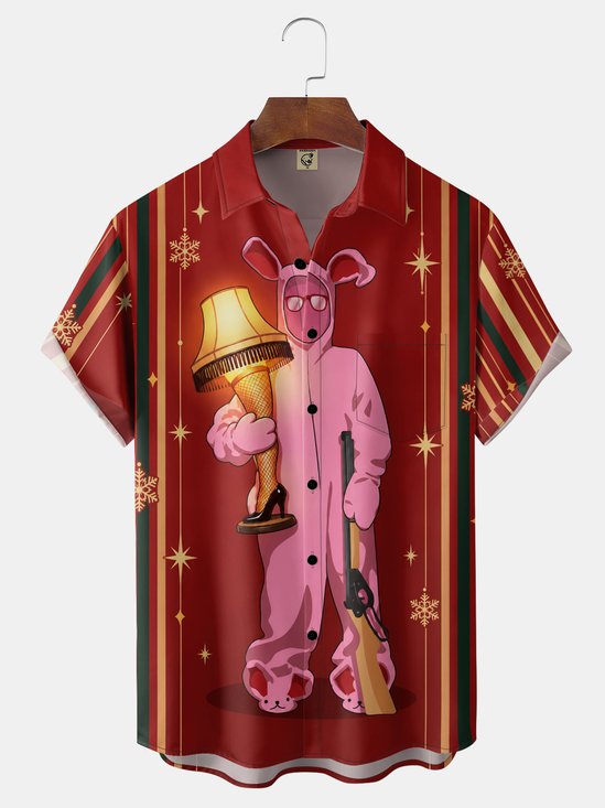 Moisture-Wicking Christmas Pink Bunny Suit Character Hold Leg Lamp Snowflake Striped Chest Pocket Holiday Hawaiian Shirt