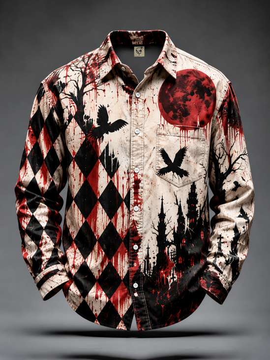 Moisture-Wicking Halloween Crow & Castle Casual Long-Sleeve Shirt