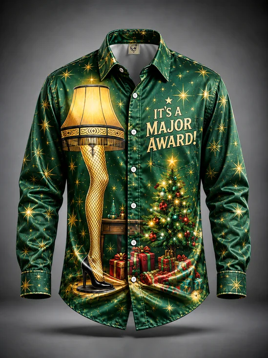 Moisture-Wicking "Merry Christmas" Leg Lamp Chest Pocket Casual Long-Sleeve Shirt