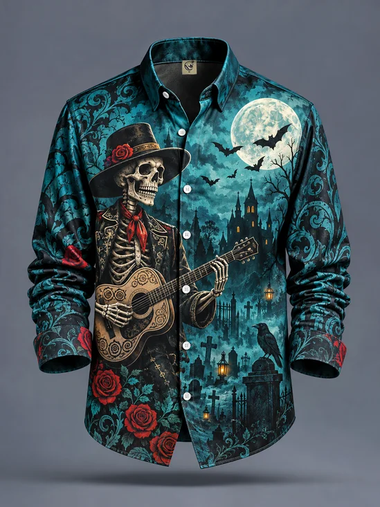 Moisture-Wicking Day of the Dead Sugar Skull & Guitar Design Long-Sleeve Casual Shirt