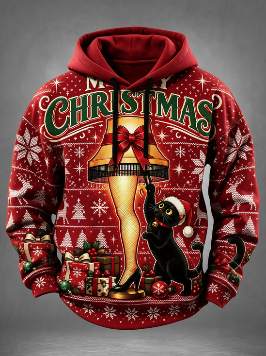 Merry Christmas Leg Lamp Cat Santa Hat Kangaroo-Pocket Hoodie Sweatshirt