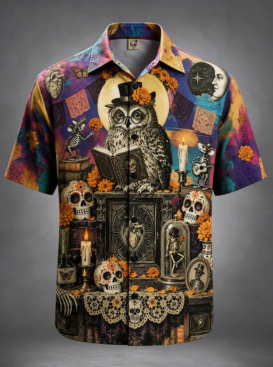 Moisture-Wicking Day Of The Dead Top Hat Owl Book Sugar Skull Mouse Marigold Candle Vintage Chest Pocket Holiday Hawaiian Shirt
