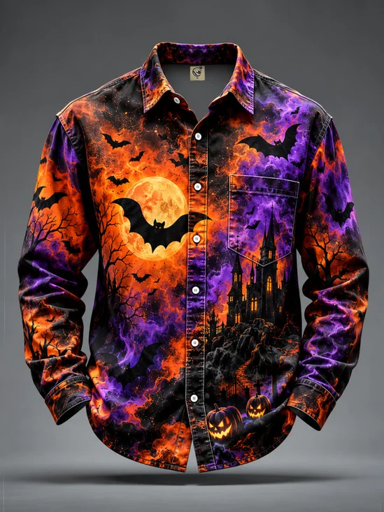 Moisture-Wicking Halloween Bat & Castle Print  Chest Pocket Casual Long-Sleeve Shirt