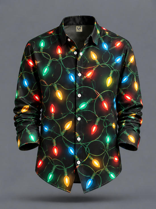 Moisture-Wicking  Merry Christmas Lights Print Casual Long-Sleeve Shirt