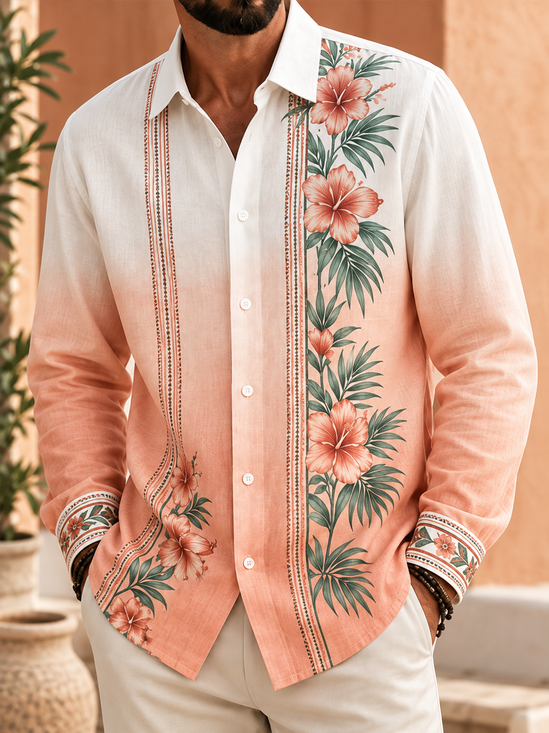 Linen-Texture Tropical Leaf Floral Stripes Guayabera Shirt