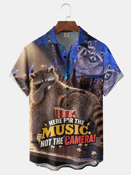 Moisture-Wicking Concert Raccoon Crowd Stem“Here For The Music Not The Camera” Popcorn Stage Light Chest Pocket Holiday Hawaiian Shirt