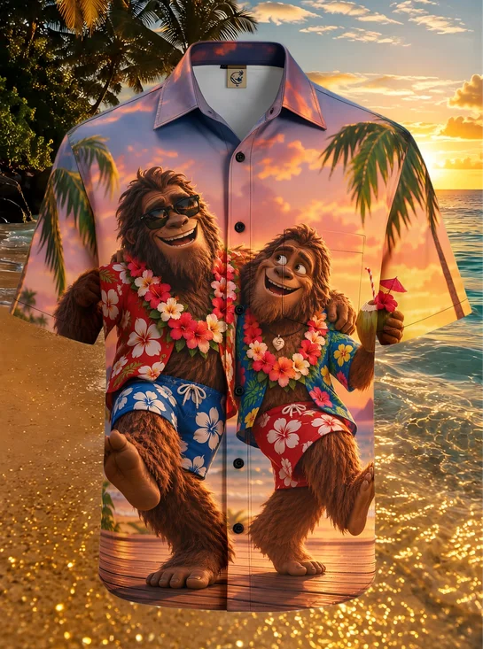 Moisture-Wicking Tropical Bigfoot  Hibiscus Lei Sunset Ocean Palm Tree Chest Pocket Hawaiian Shirt